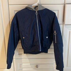 Superdown Cropped Bomber Jacket with Sweatshirt Hood